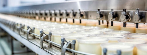 Cinta de leche en productos de la industria alimentaria listos para el envasado automático Concepto con producción de alimentos automatizada IA generativa