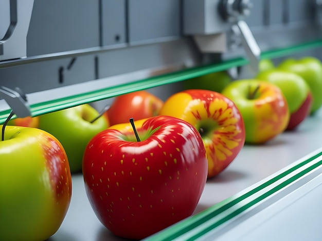 Foto cinta de manzanas en la industria alimentaria productos listos para envasado automático generado ai