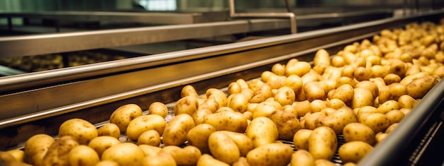 Cinta de patatas y verduras en la industria alimentaria productos listos para el envasado automático Concepto con producción automatizada de alimentos IA generativa