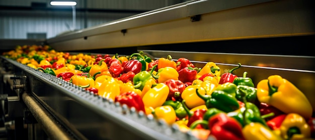 Cinta de pimiento búlgara en productos de la industria alimentaria listos para el envasado automático Concepto con producción automatizada de alimentos IA generativa