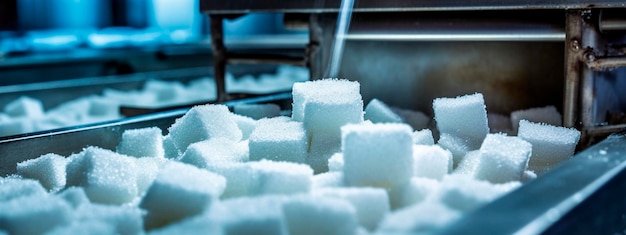 Cinta de refinado de azúcar en productos de la industria alimentaria listos para el envasado automático Concepto con producción de alimentos automatizada IA generativa