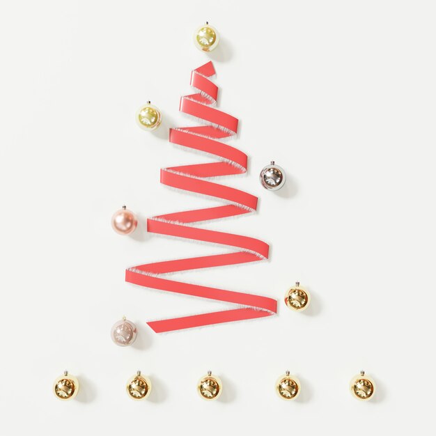 La cinta roja el día de Navidad decoración objetos forma por árbol de Navidad en blanco. Idea mínima. Renderizado 3D
