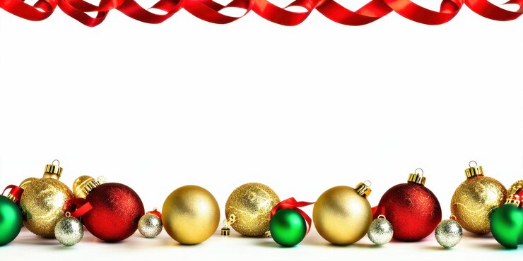 Una cinta roja está envuelta alrededor de un montón de adornos de Navidad rojos y dorados