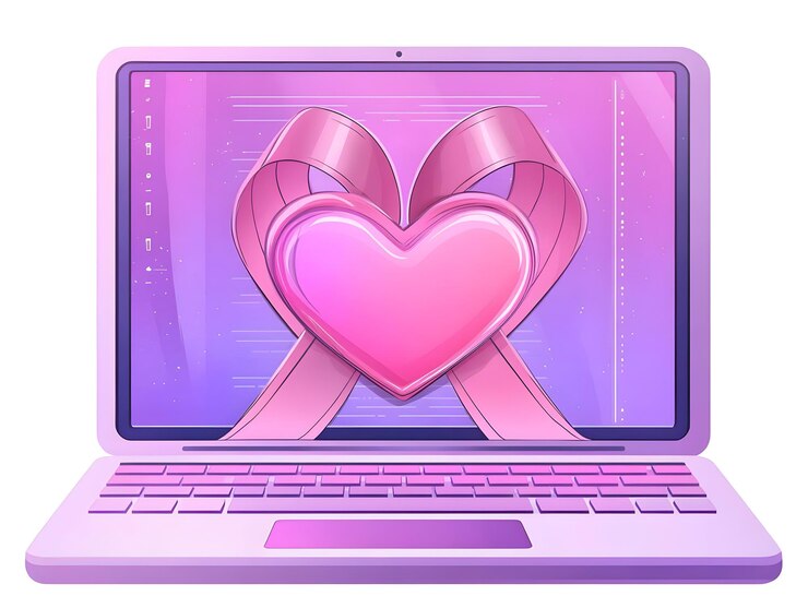 Foto una cinta rosa brillante plana y un encanto de corazón en una computadora portátil holográfica con espacio para copiar una imagen conmovedora