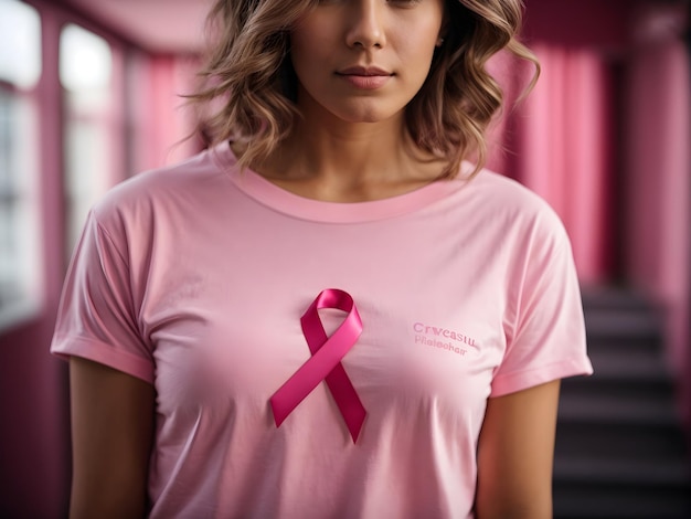 Foto cinta rosa de concienciación sobre el cáncer de mama en el hombro de la mujer