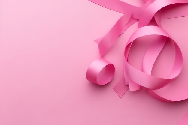 Foto cinta rosa o morada como símbolo de concientización sobre el cáncer de mama o la epilepsia y espacio para copiar día mundial del cáncer