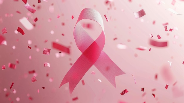 Cinta rosa símbolo de concienciación sobre el cáncer de mama con confeti cayendo sobre un fondo rosa para la celebración y la esperanza
