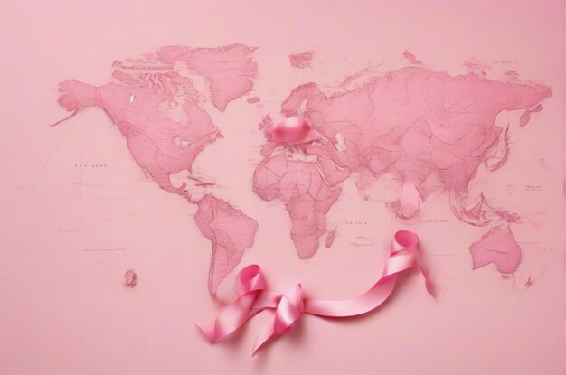 Cinta rosa sobre un fondo rosa con un mapa del mundo