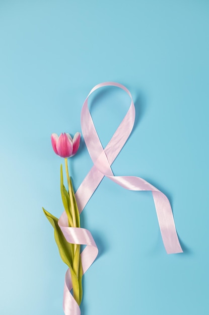 Una cinta rosa con un tulipán sobre un fondo azul.