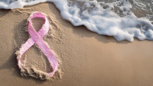 Una cinta rosada dibujada en la arena en una playa con olas espumosas