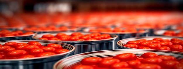 Cinta de tomate en la industria alimentaria productos listos para envasado automático Concepto con producción de alimentos automatizada IA generativa