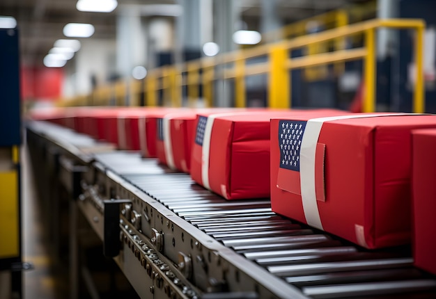 Foto cinta transportadora con banderas americanas en la cinta transportadora de fábrica