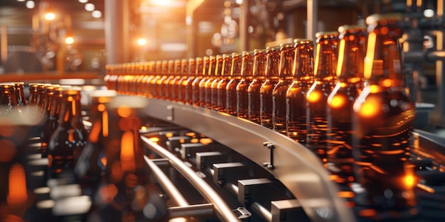 cinta transportadora con botellas de cerveza en la fábrica IA generativa