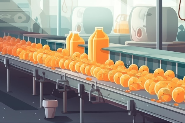 Cinta transportadora con botellas de jugo Ilustración vectorial en estilo de dibujos animados Línea de producción de fábrica de jugo de frutas con bebida AI Generado