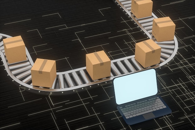 Cinta transportadora y cajas de productos, representación 3d.