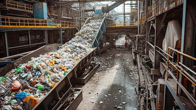 Foto una cinta transportadora llena de basura en una planta de procesamiento de residuos