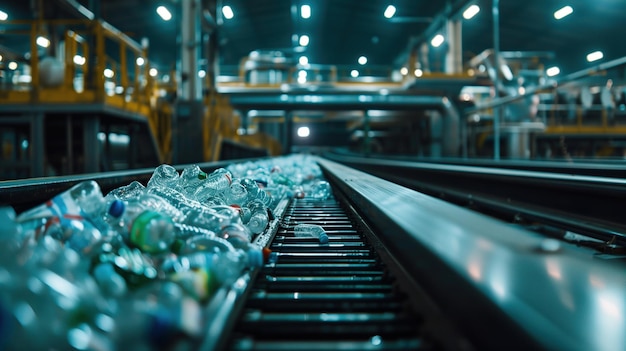 Una cinta transportadora llena de botellas de plástico