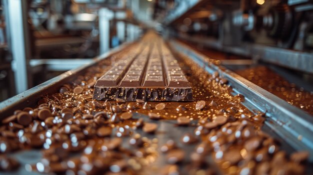 Una cinta transportadora llena de chocolate