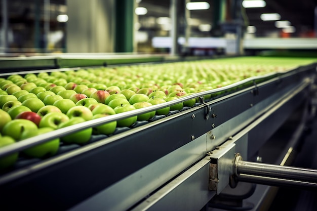 Cinta transportadora con manzanas frescas