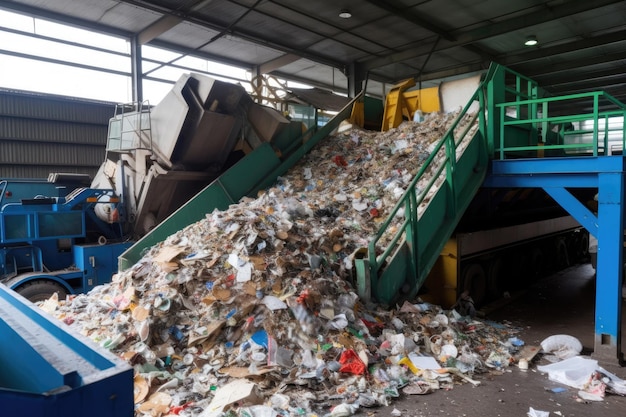 Cinta transportadora con pila de residuos en planta de reciclaje IA generativa