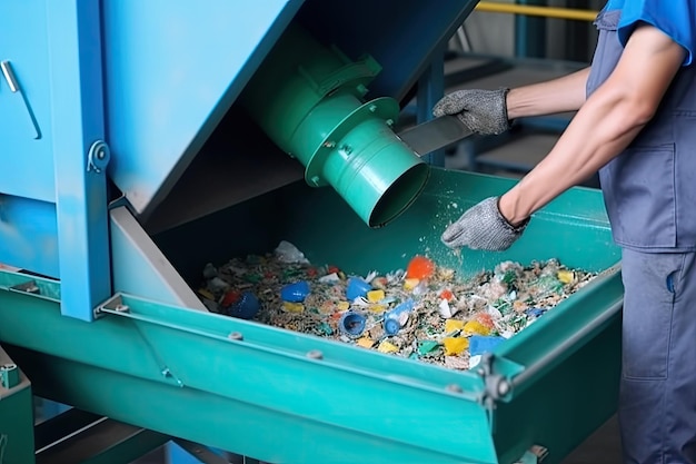 Cinta transportadora con pila de residuos en planta de reciclaje IA generativa