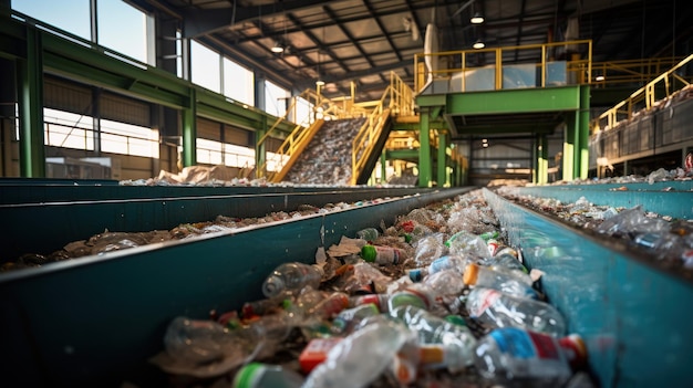 Cinta transportadora con plásticos reciclados en el concepto de gestión de residuos de fábrica