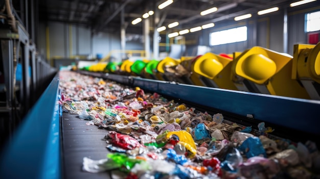 Foto cinta transportadora con plásticos reciclados en el concepto de gestión de residuos de fábrica