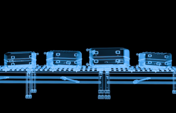 Foto cinta transportadora de rayos x de renderizado 3d con equipajes aislados en negro
