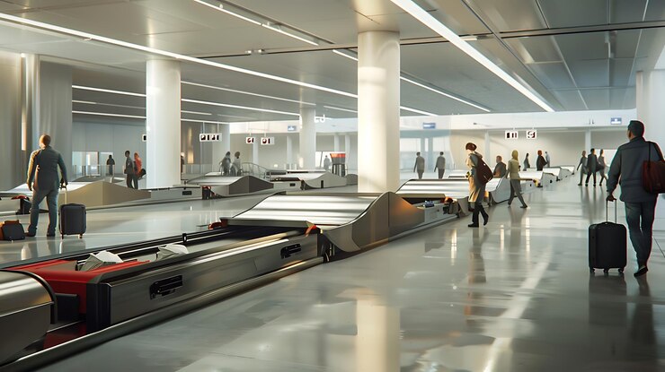 Foto una cinta transportadora de reclamación de equipaje en un aeropuerto con la palabra equipaje en el lado