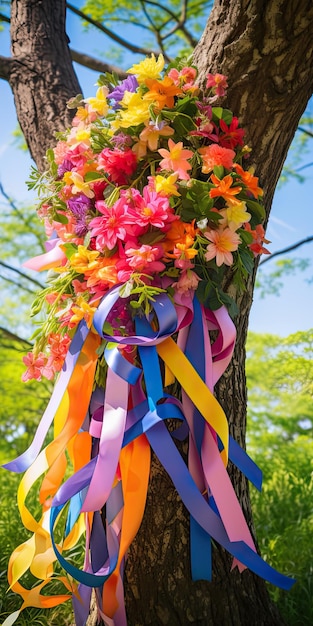 Cintas coloridas en el jardín de primavera Corona floral con símbolo de Beltane y festividad celta Wiccan