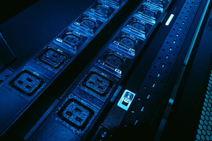 Foto cintas de distribución de energía azules para la gestión de equipos de servidor