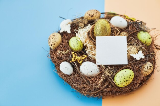 Cintas de huevos de Pascua y nido en tarjeta de maqueta de fondo azul amarillo con tarjeta de invitación de plantas con