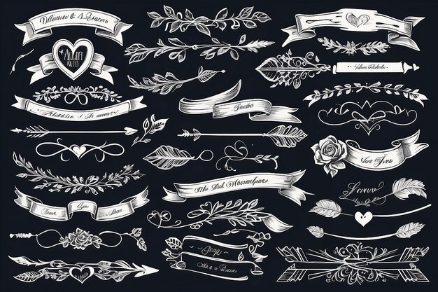 Cintas ornamentales de flechas de San Valentín y arte de líneas dibujadas a mano para bodas