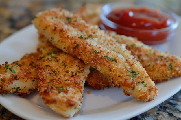 Foto cintas de pescado crujiente con ketchup