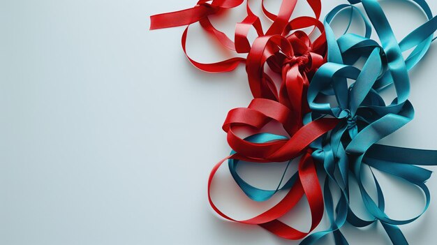 Cintas de regalo rojas y azules entrelazadas sobre un fondo blanco
