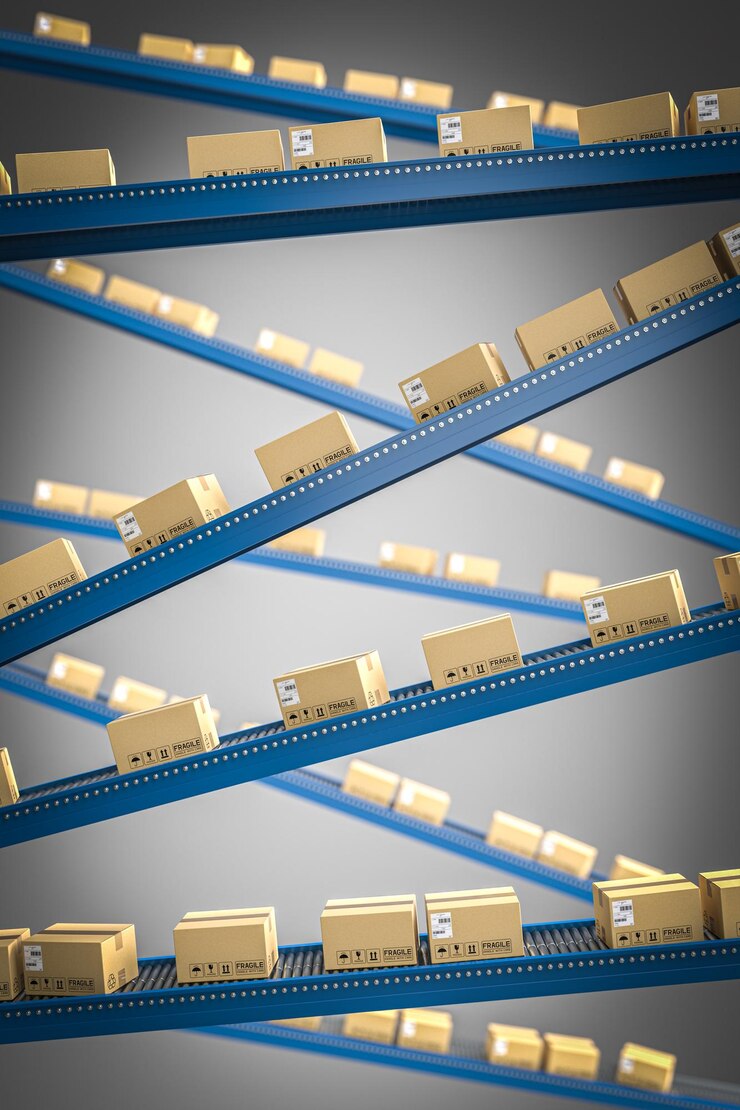 Foto cintas transportadoras con paquetes en varias posiciones fondo de renderizado 3d