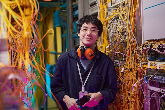 Cintura para arriba retrato de joven técnico de red sonriendo a la cámara mientras está de pie en la sala de servidores, espacio de copia