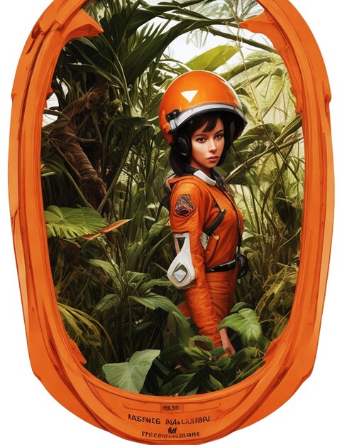 Cintura astronauta feminina em uma selva por syd mead capacete quebrado tangerina paleta de cores frias