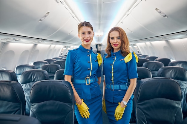 Cintura para cima, retrato de mulheres charmosas aeromoças em uniforme azul posando e olhando para a câmera fotográfica no quadro