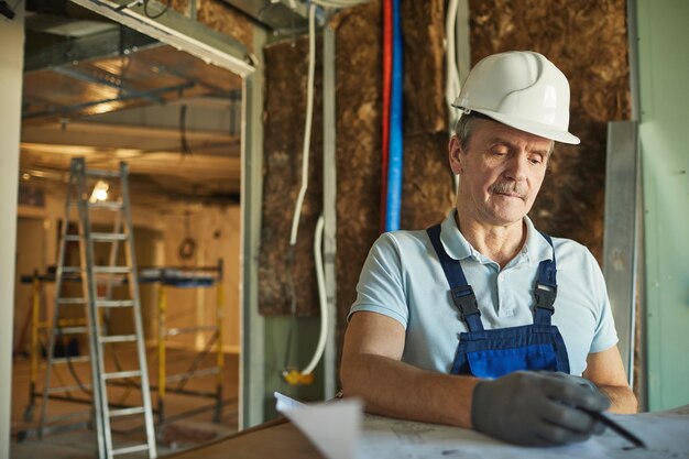 Cintura para cima, retrato de um trabalhador da construção civil sênior usando capacete e olhando para as plantas enquanto reforma a casa, copie o espaço