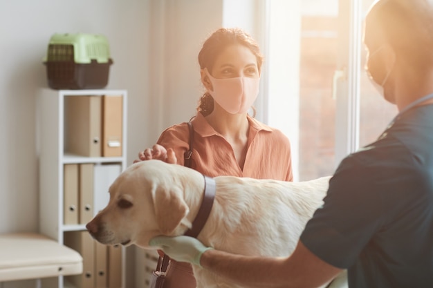 Cintura para cima, retrato de uma jovem usando máscara enquanto fala com o cão que examina o veterinário na clínica veterinária, cena iluminada pela luz solar, copie o espaço