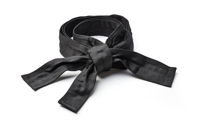 Cinturón negro de tela sobre fondo blanco.