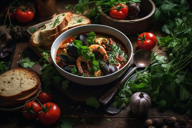 Cioppino de frutos do mar com caldo de tomate e ervas italianas