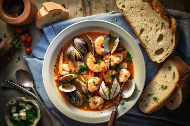 Cioppino essfertig auf dem Teller, professionelle Werbe-Food-Fotografie