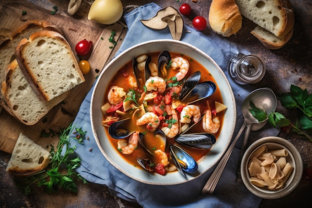 Cioppino essfertig auf dem Teller, professionelle Werbe-Food-Fotografie