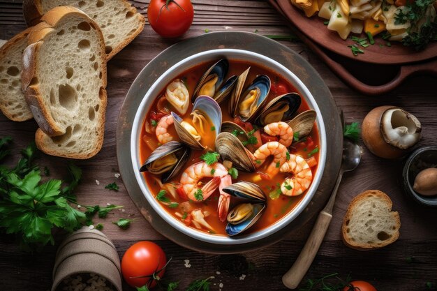 Cioppino essfertig auf dem Teller, professionelle Werbe-Food-Fotografie