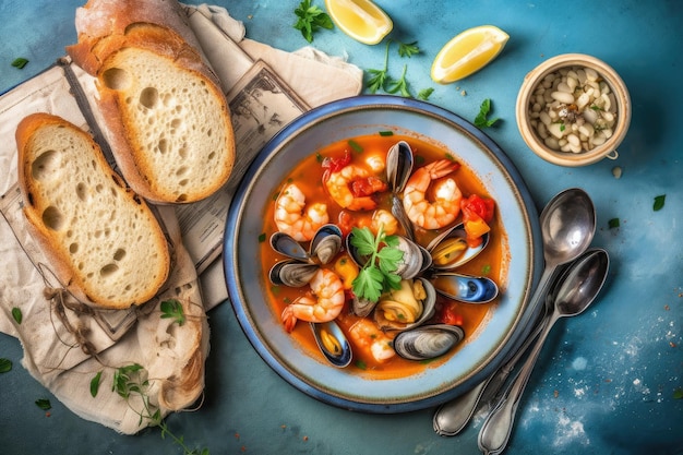 Cioppino essfertig auf dem Teller, professionelle Werbe-Food-Fotografie