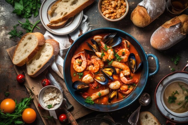 Cioppino listo para comer en el plato publicidad profesional fotografía de alimentos