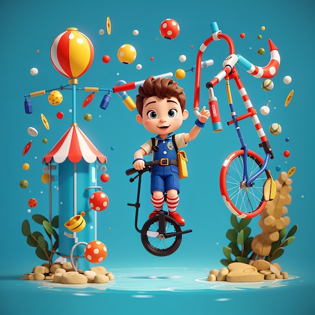 Circo de mergulhadores bonito com bicicleta monociclo ícone de desenho animado vetorial ilustração ciência férias isolado plano