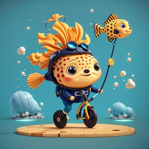 Circo de mergulhadores bonitos brincando de peixe puffer com um monociclo ícone de desenho animado vetorial ilustração ciência plana